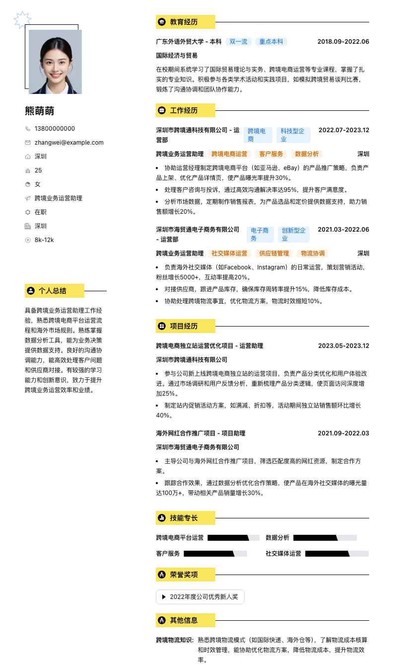 跨境业务运营助理简历模板