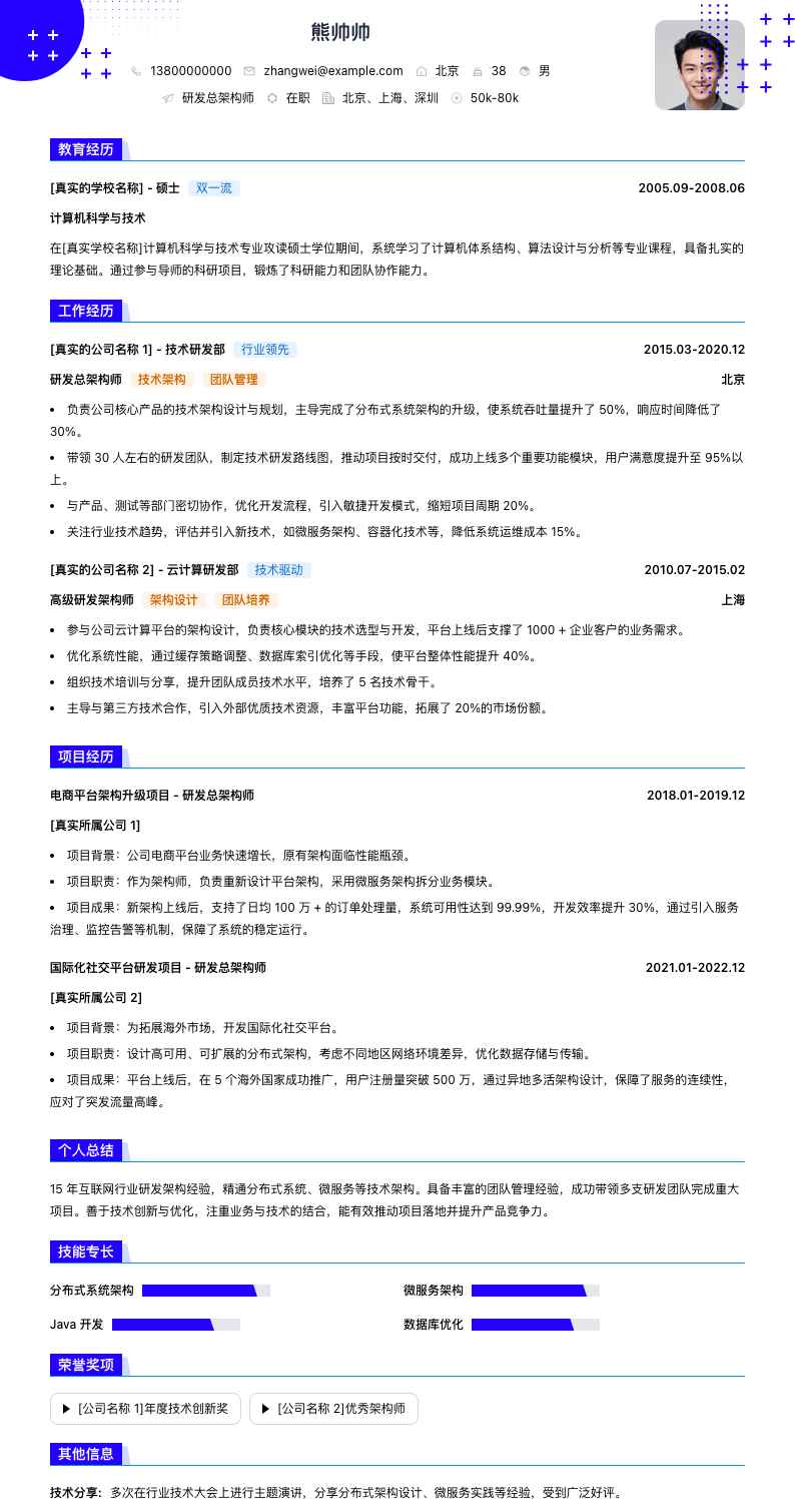 研发总架构师简历模板