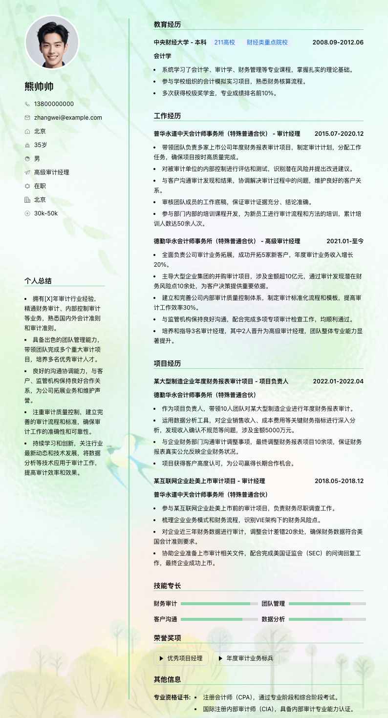 高级审计经理简历模板