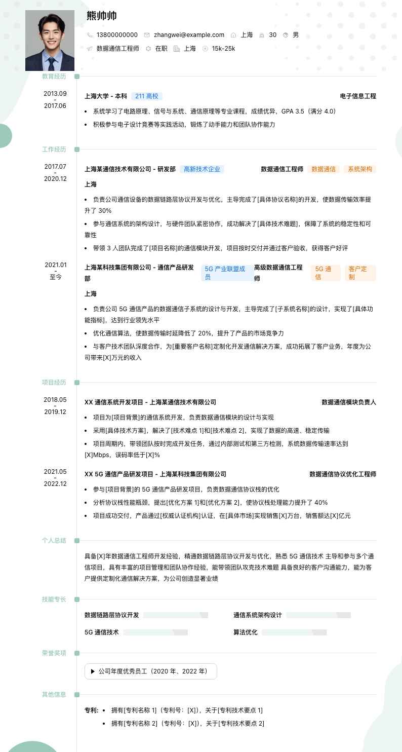 数据通信工程师简历模板