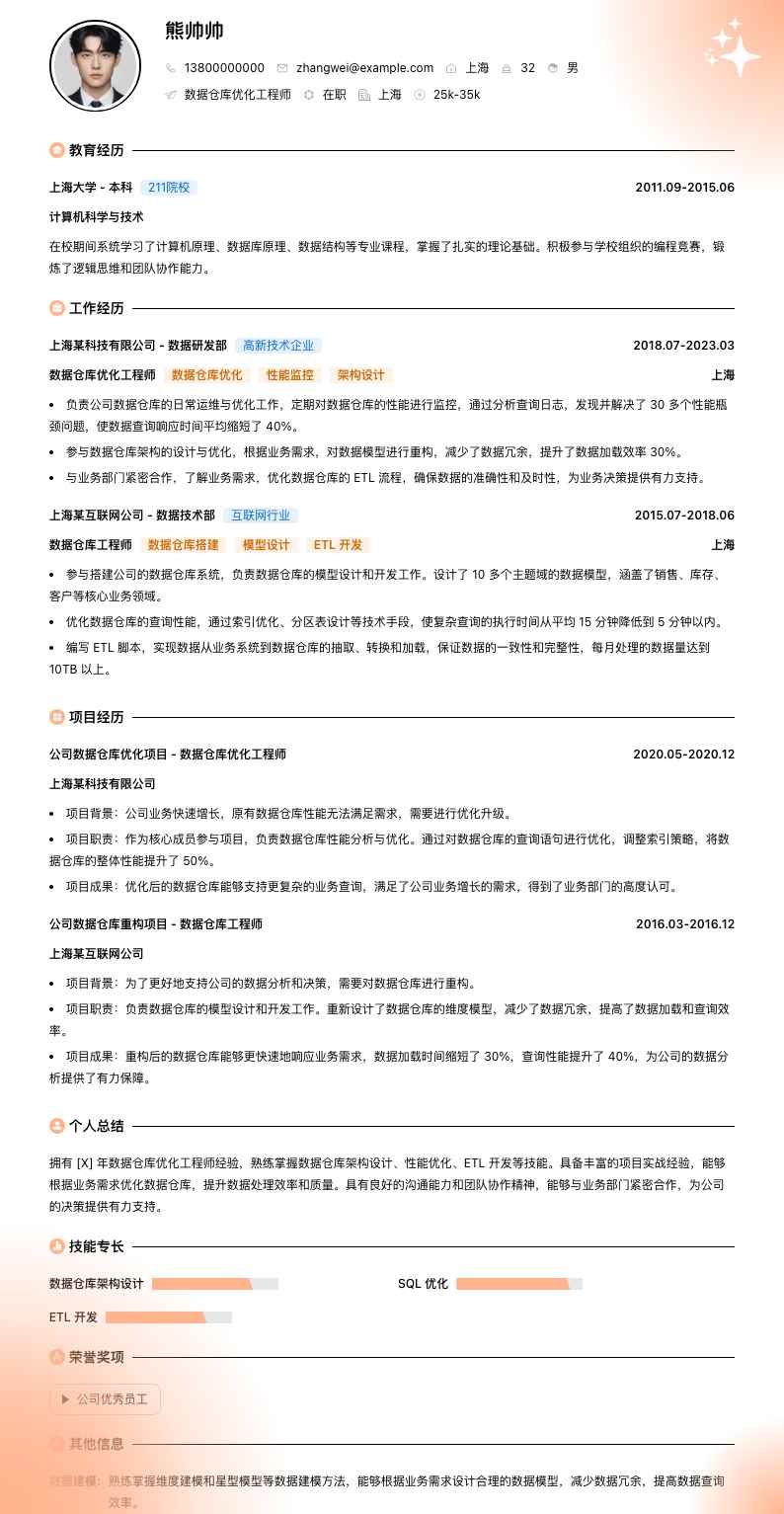 数据仓库优化工程师简历模板