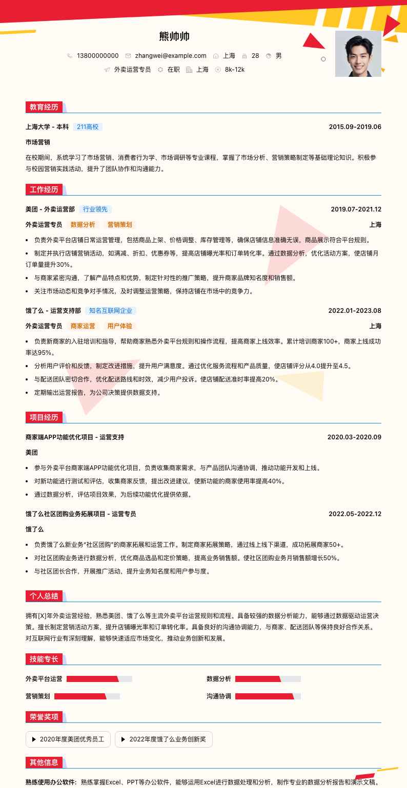 外卖运营专员简历模板