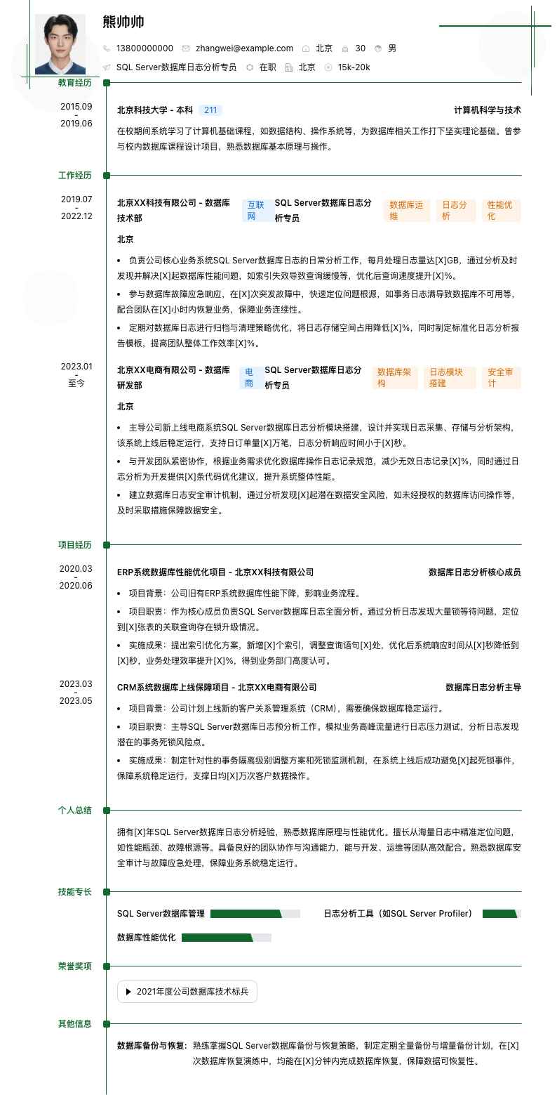 SQL Server数据库日志分析专员简历模板