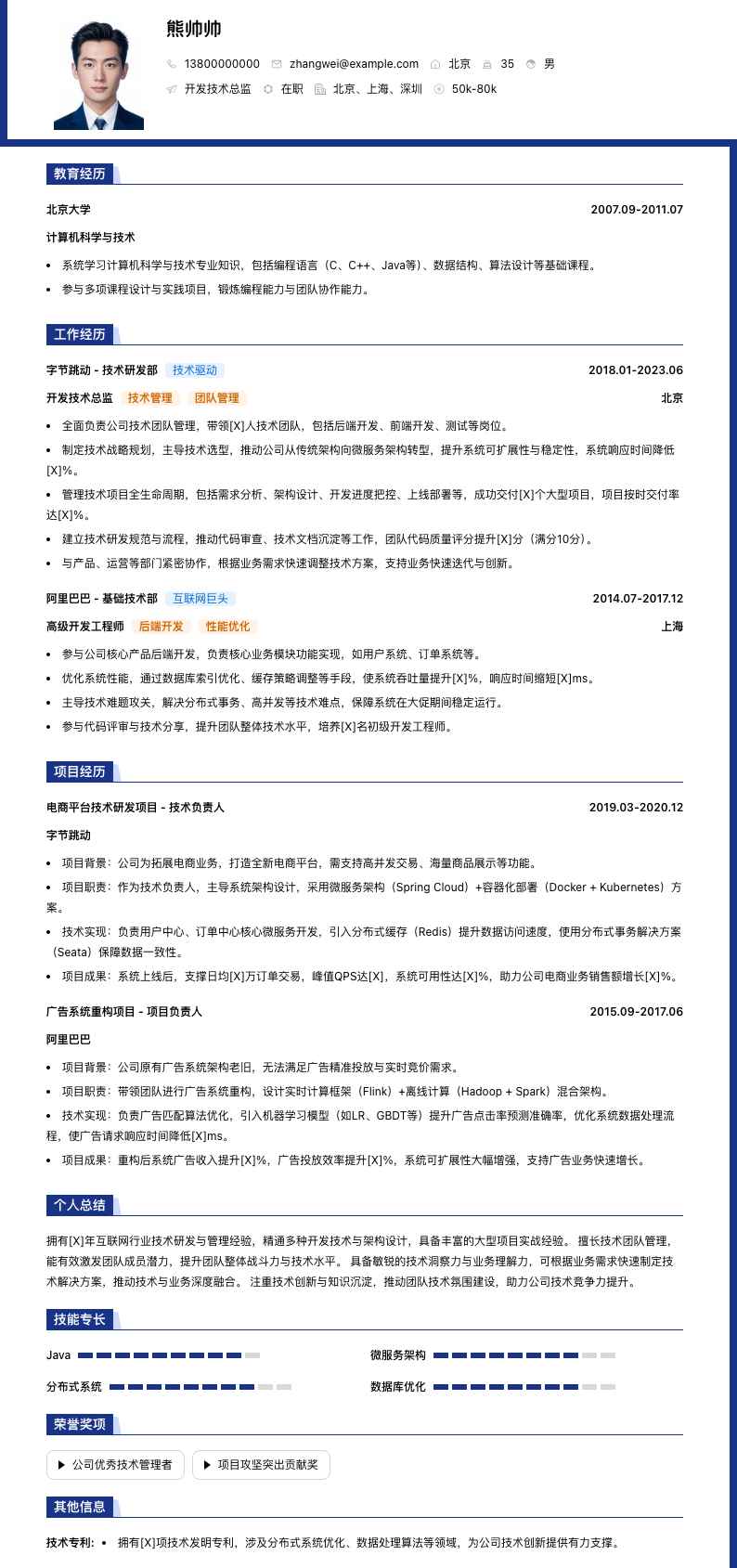 开发技术总监简历模板
