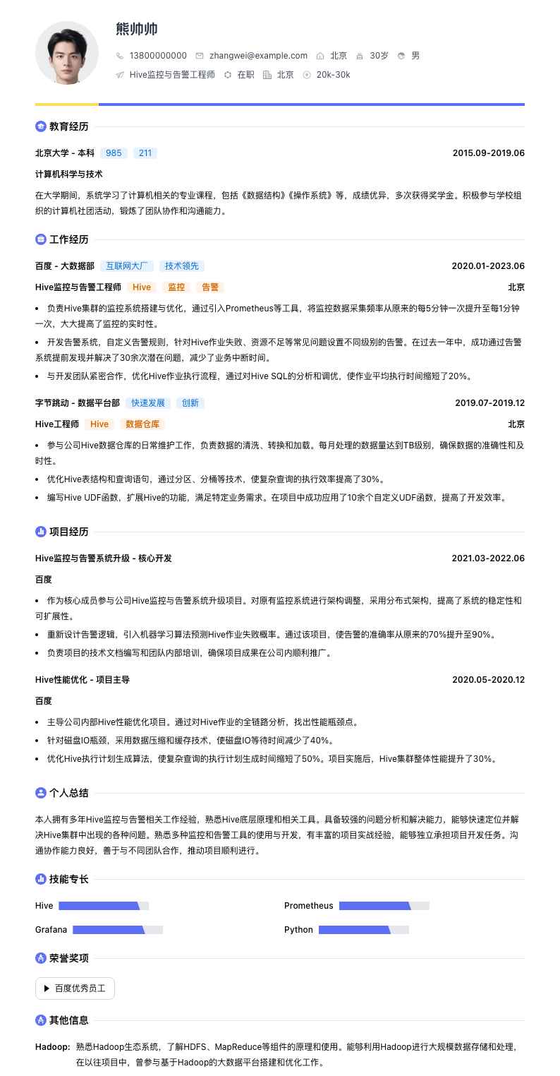 Hive监控与告警工程师简历模板