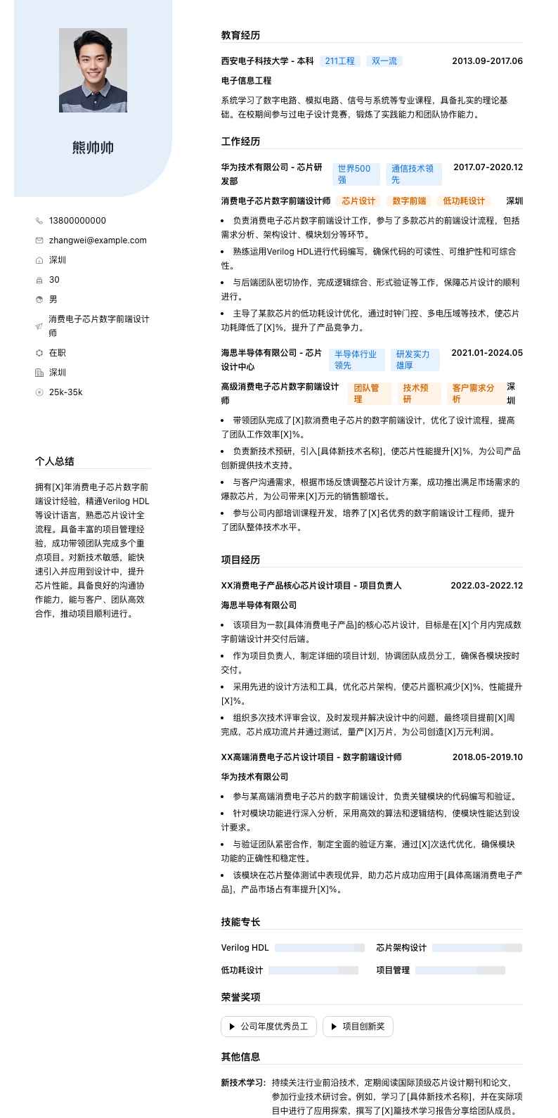 消费电子芯片数字前端设计师简历模板