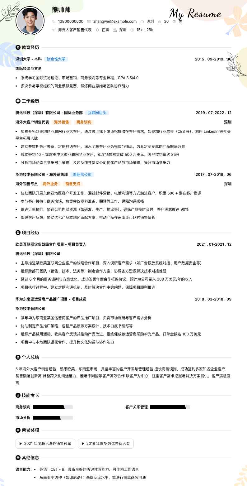 海外大客户销售代表简历模板