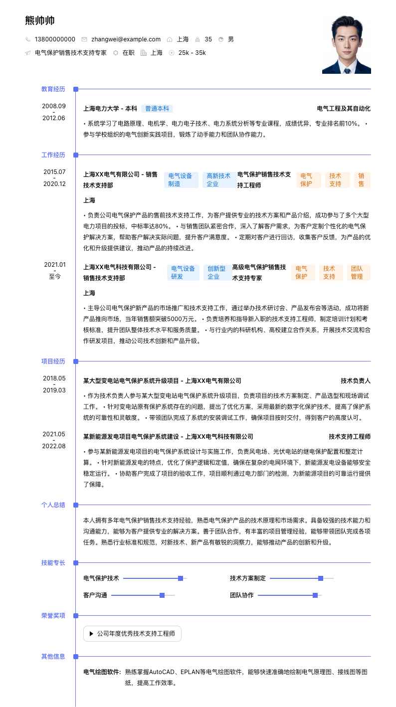 电气保护销售技术支持专家简历模板