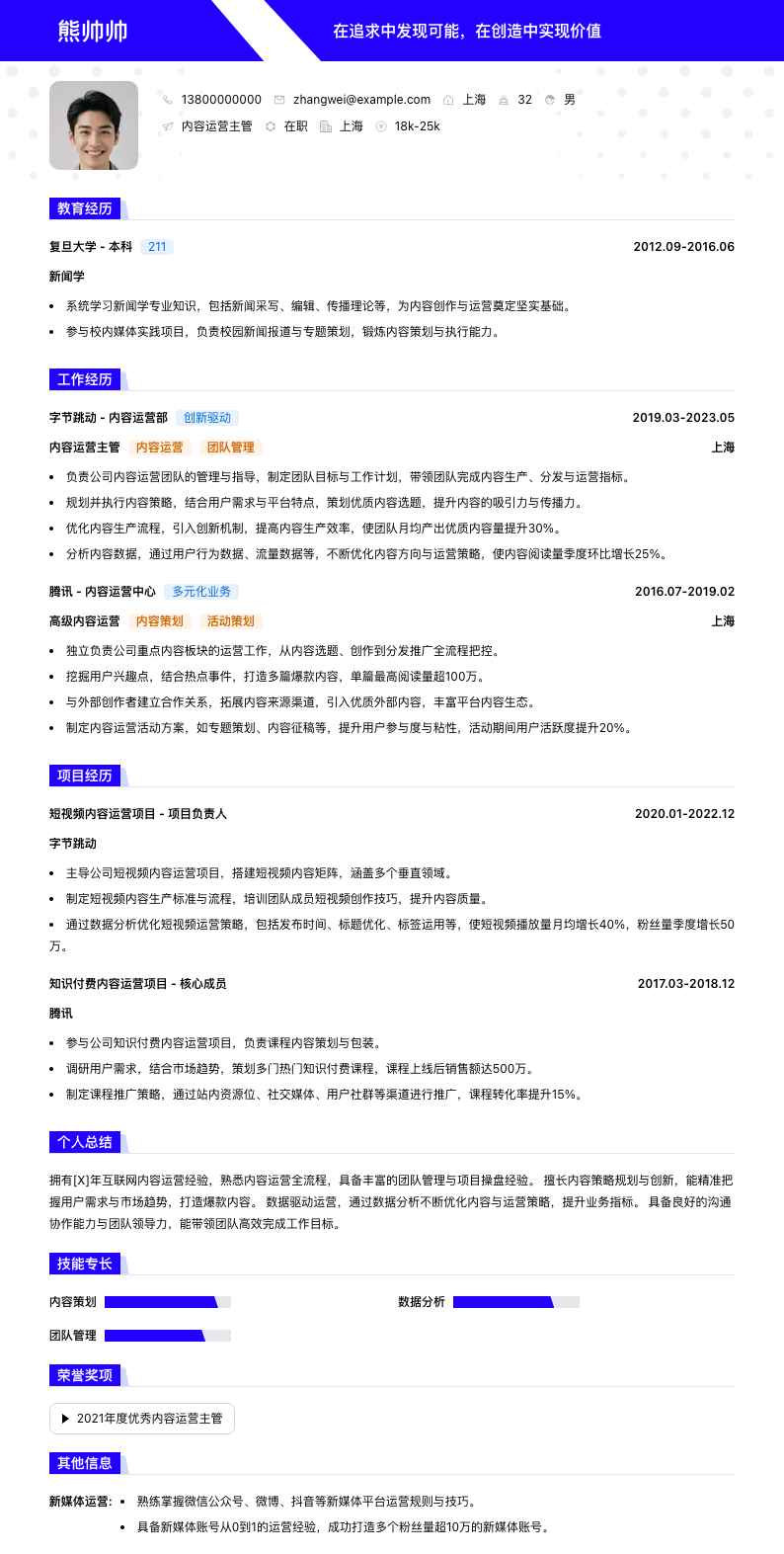 内容运营主管简历模板