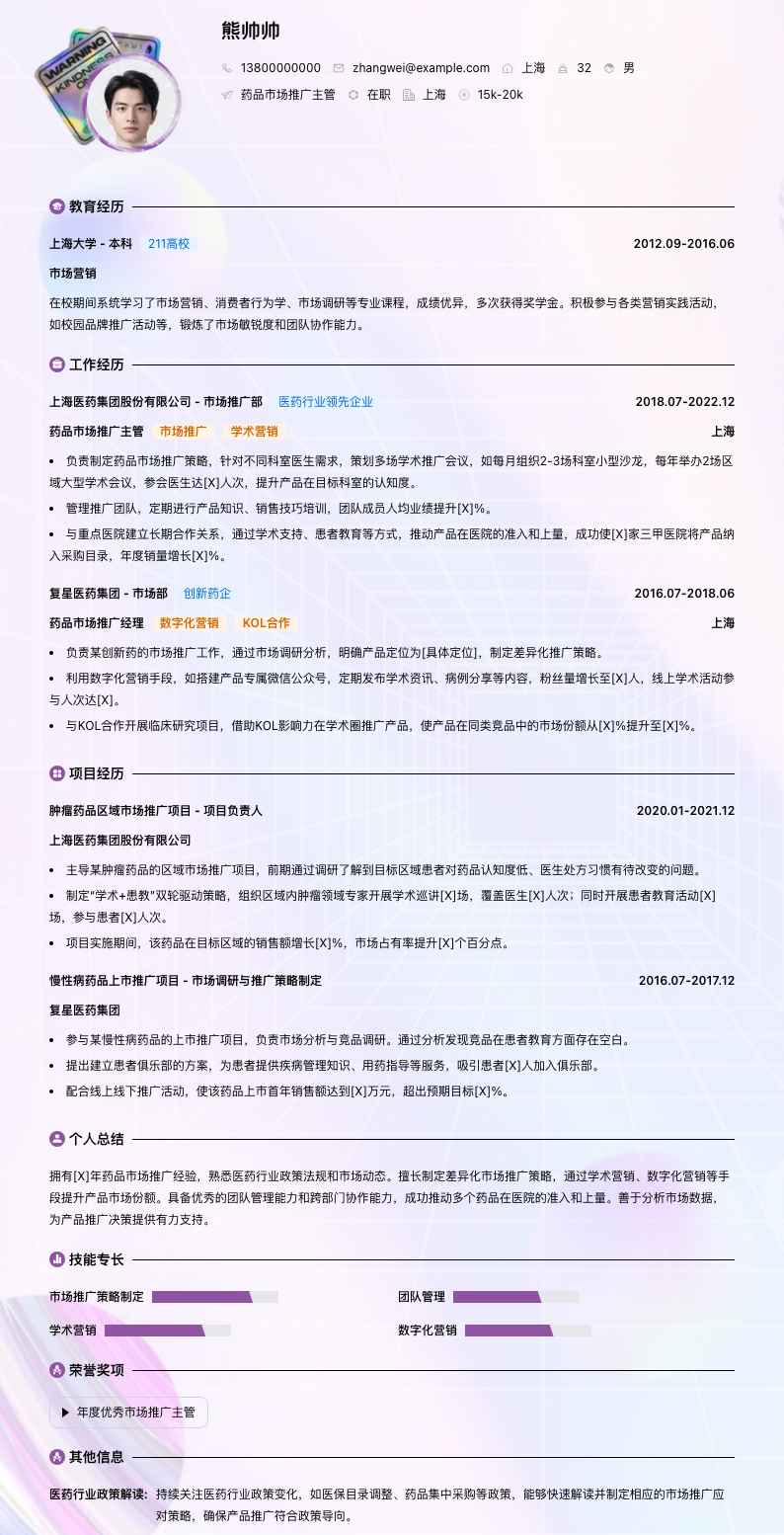 药品市场推广主管简历模板