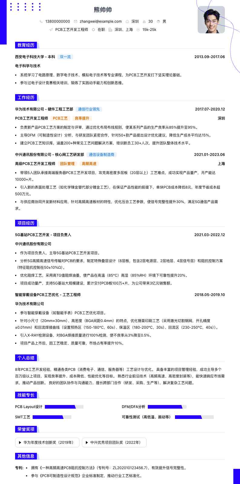 pcb工艺简历模板