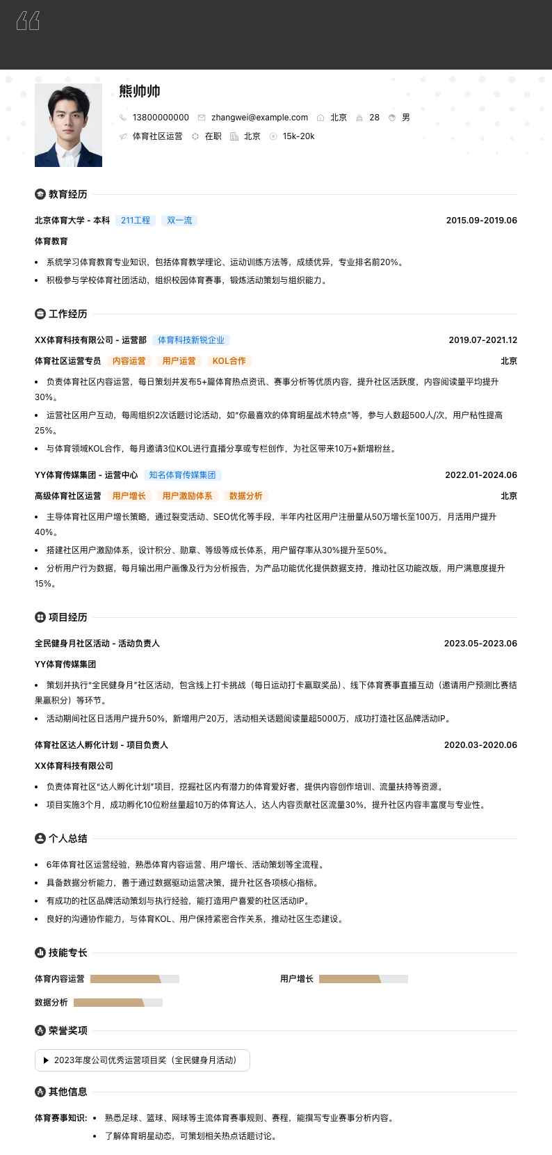 体育社区运营简历模板