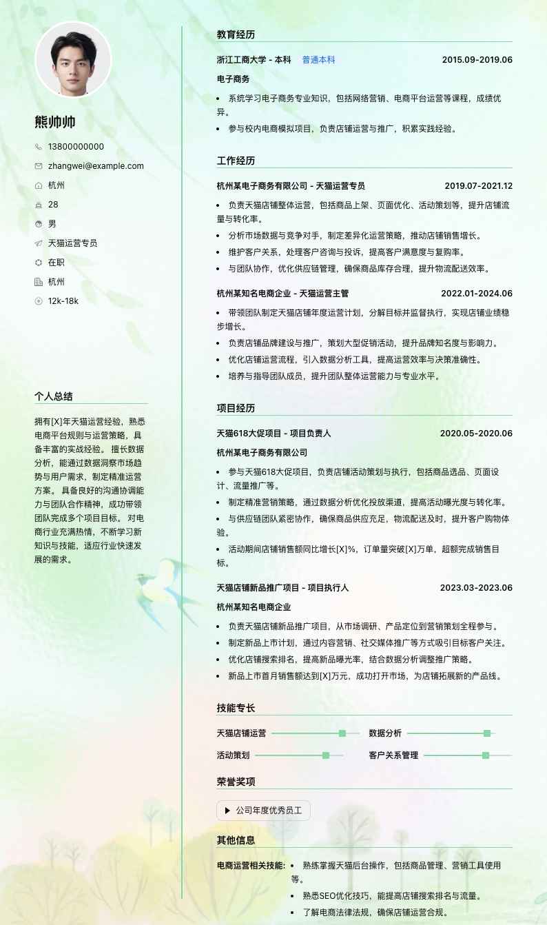 天猫运营专员简历模板
