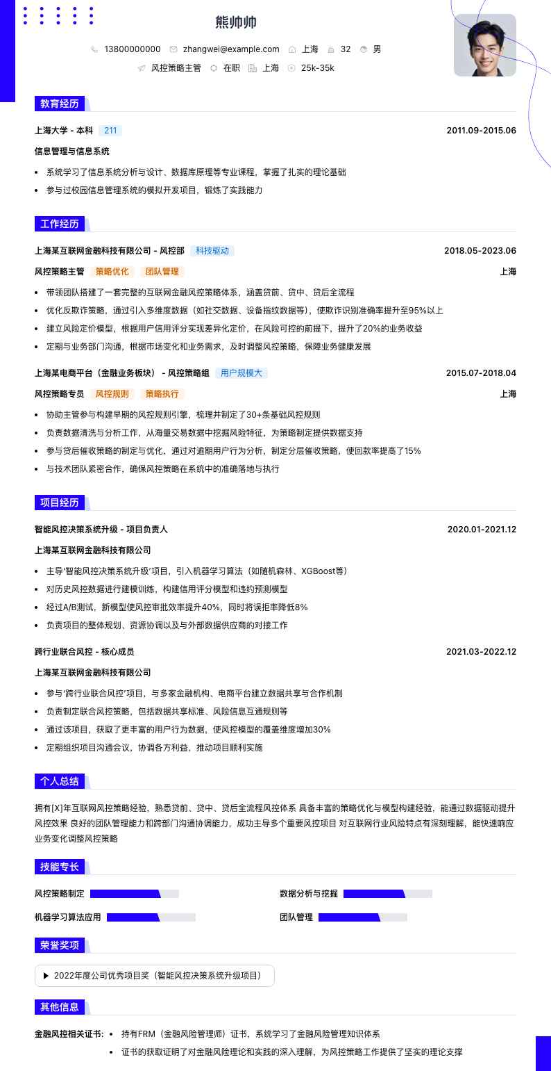 风控策略主管简历模板