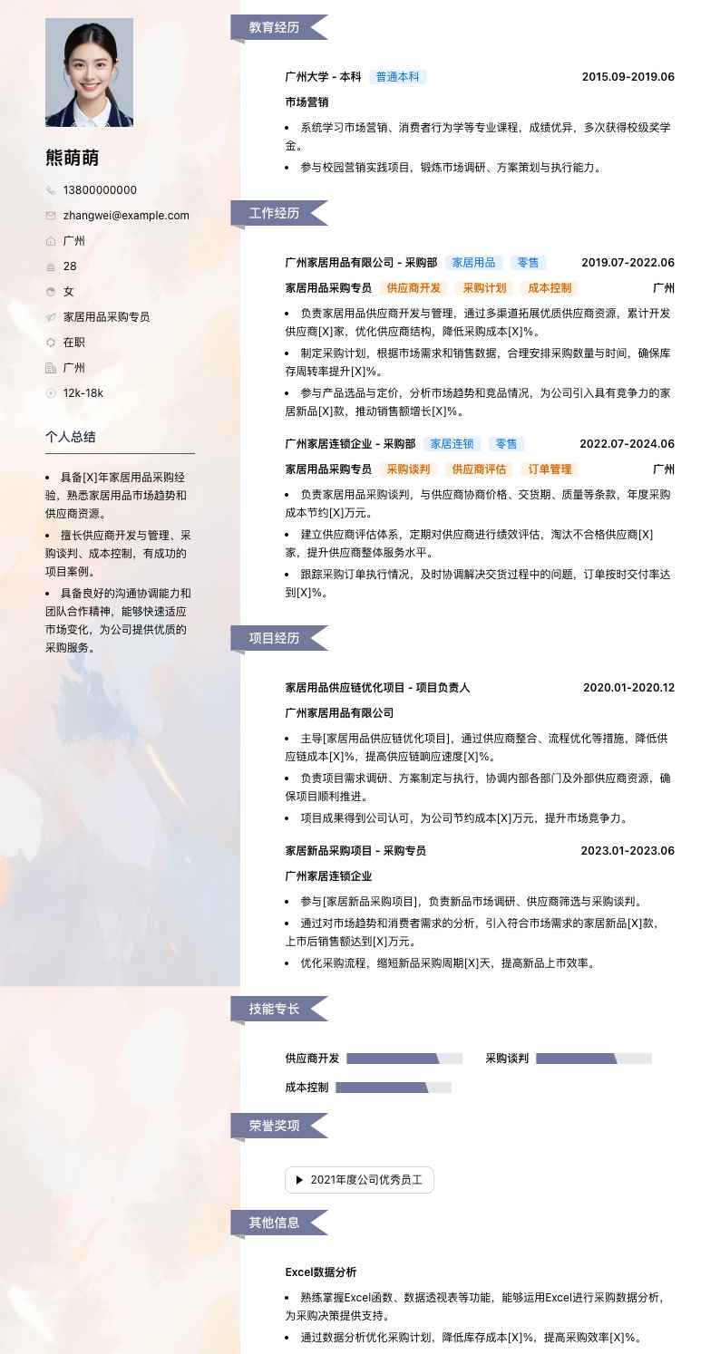 家居用品采购专员简历模板