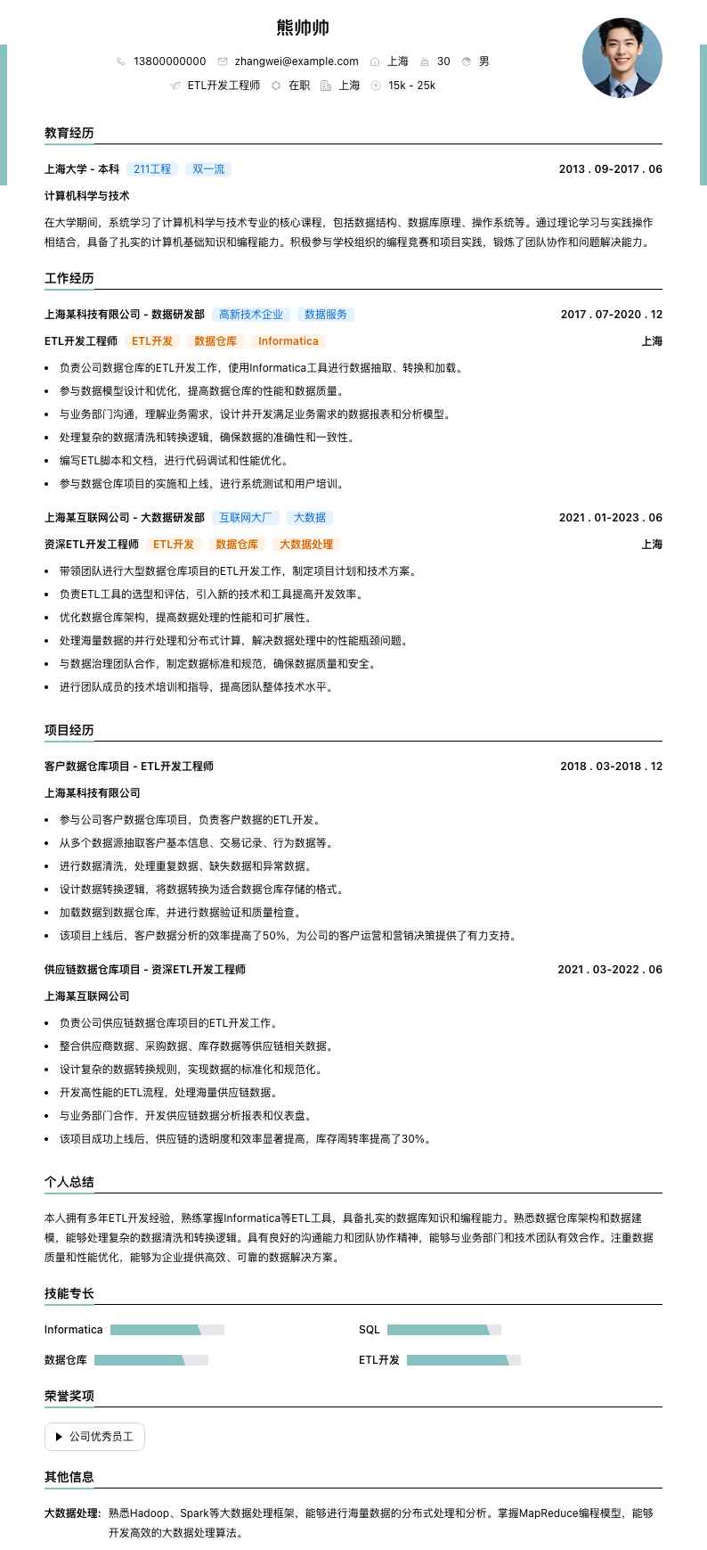 ETL开发工程师简历模板