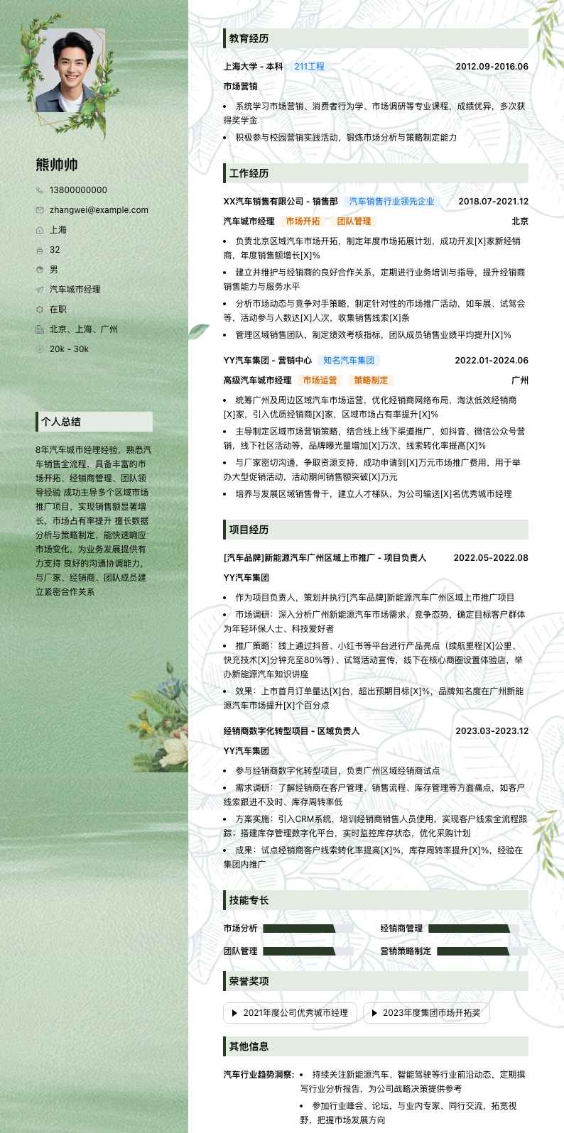 汽车城市经理简历模板