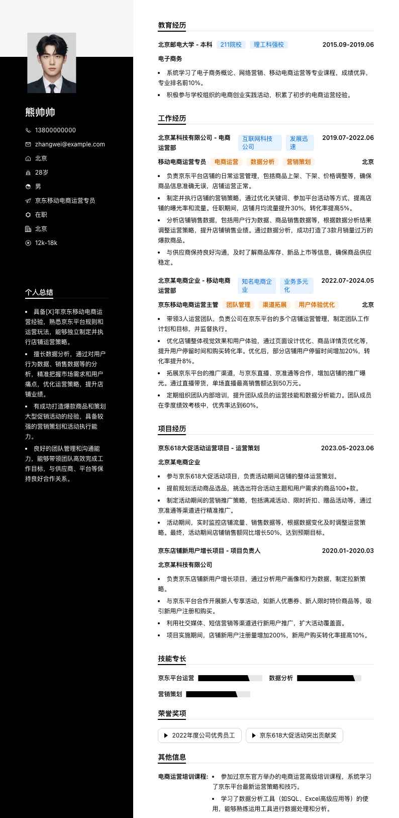 京东移动电商运营专员简历模板