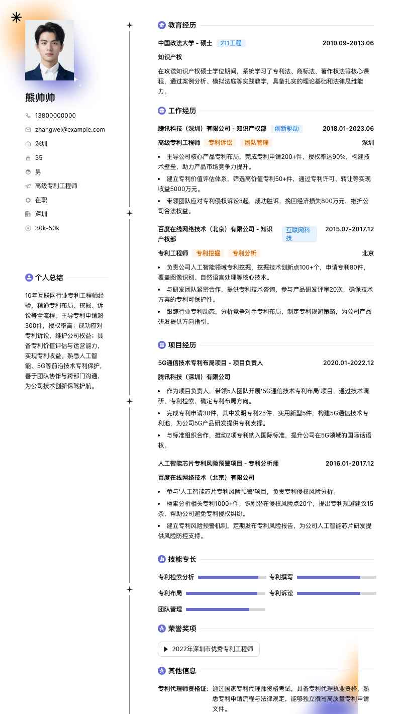 高级专利工程师简历模板