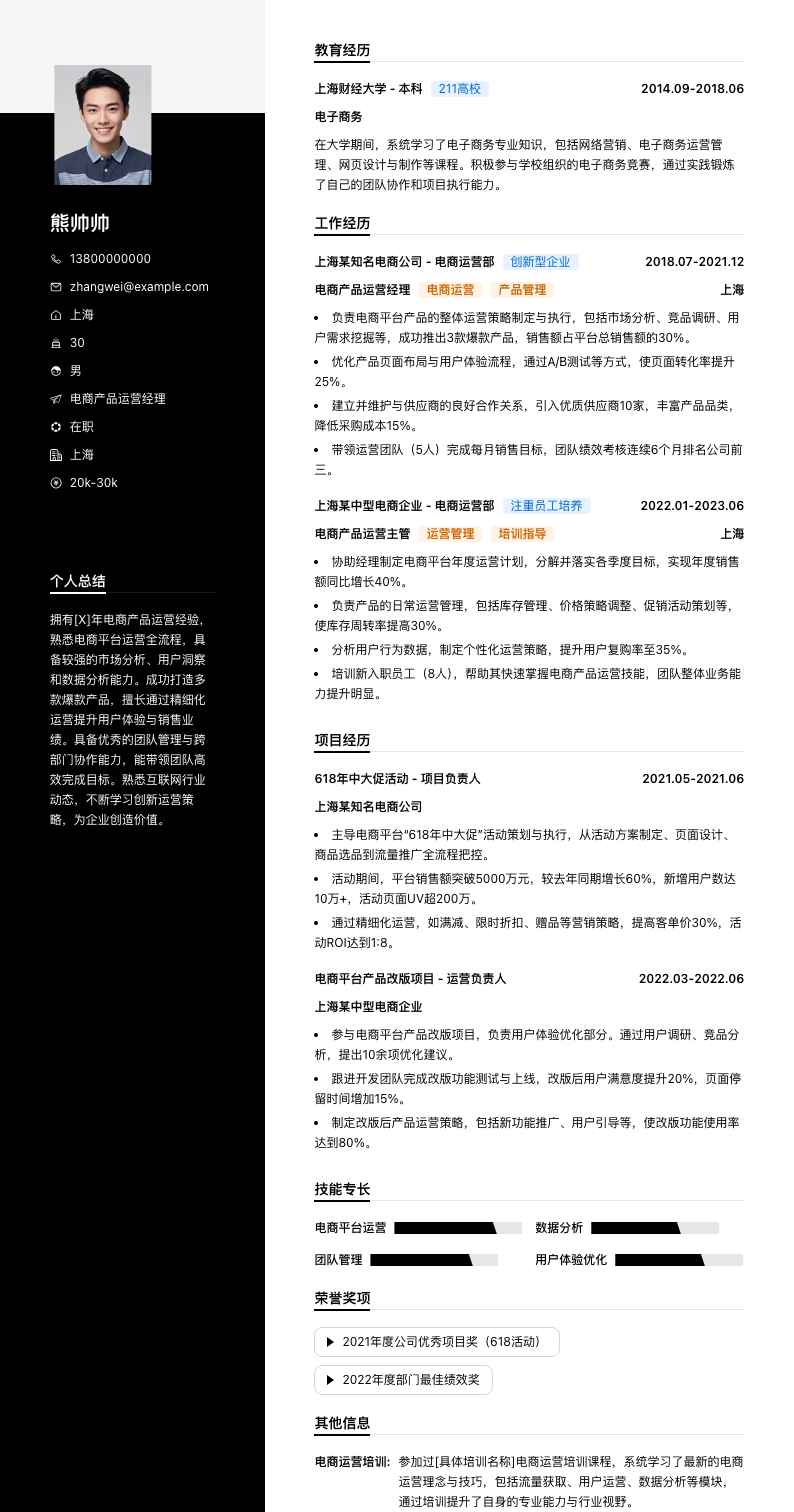 电商产品运营经理简历模板