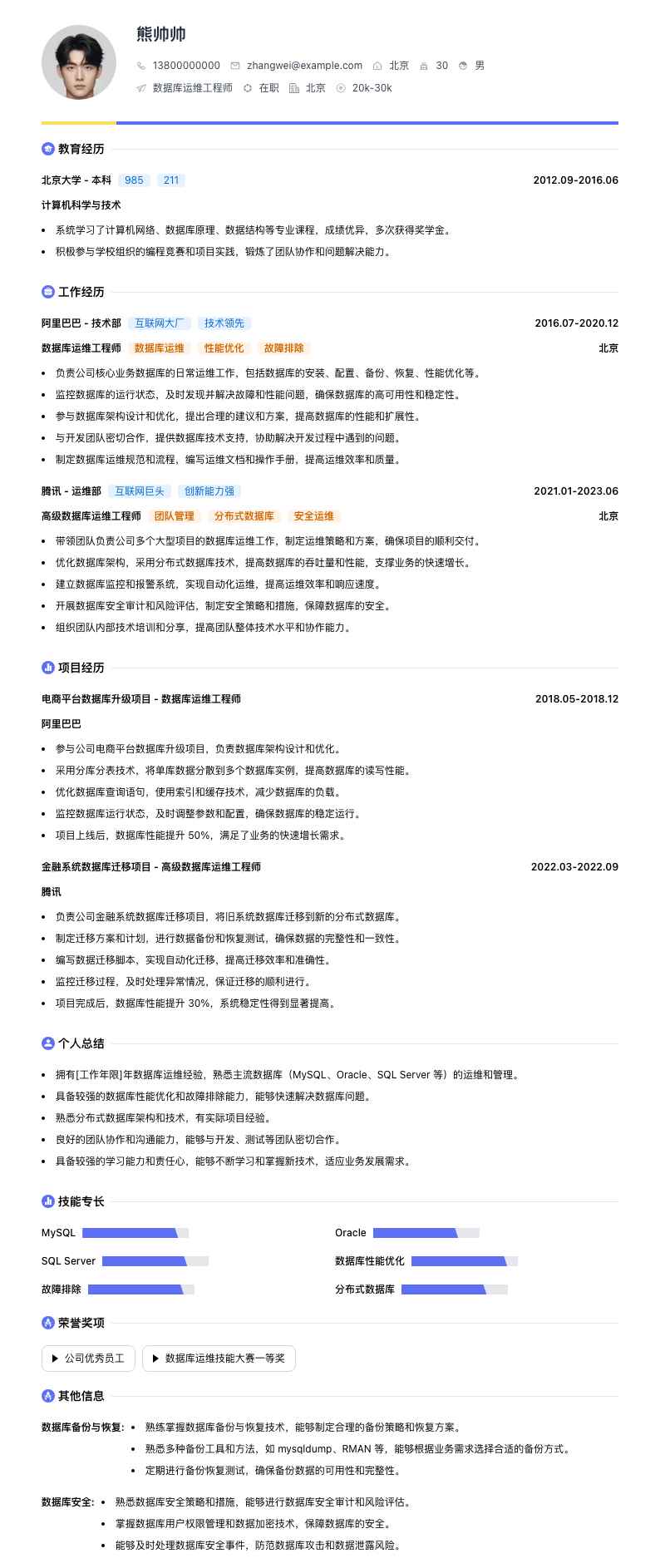 数据库运维工程师简历模板