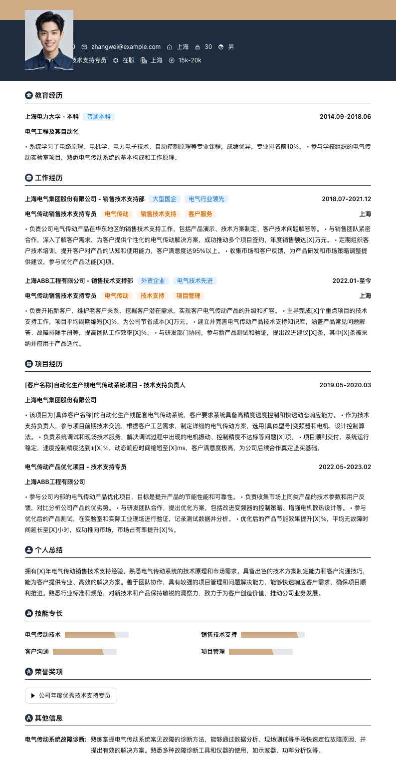 电气传动销售技术支持专员简历模板