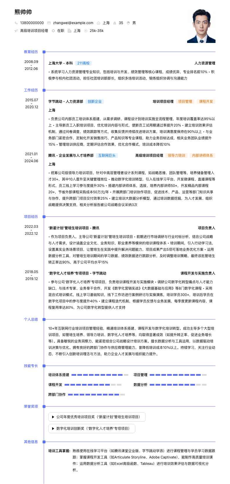 高级培训项目经理简历模板