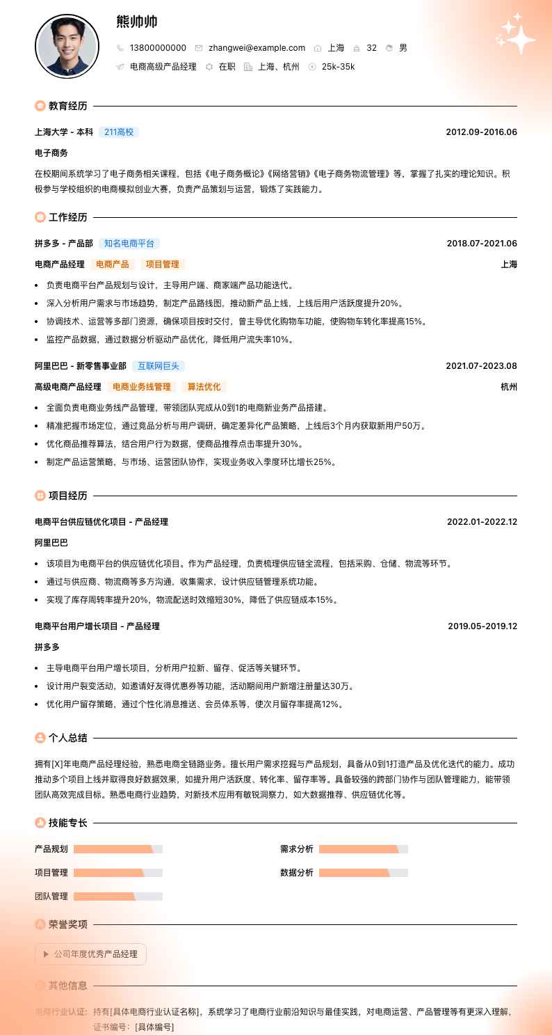 电商高级产品经理简历模板