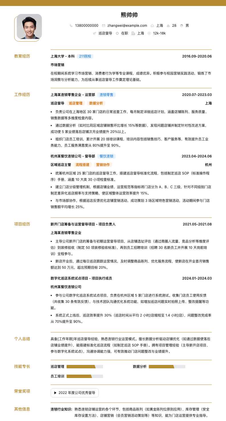 巡店督导简历模板