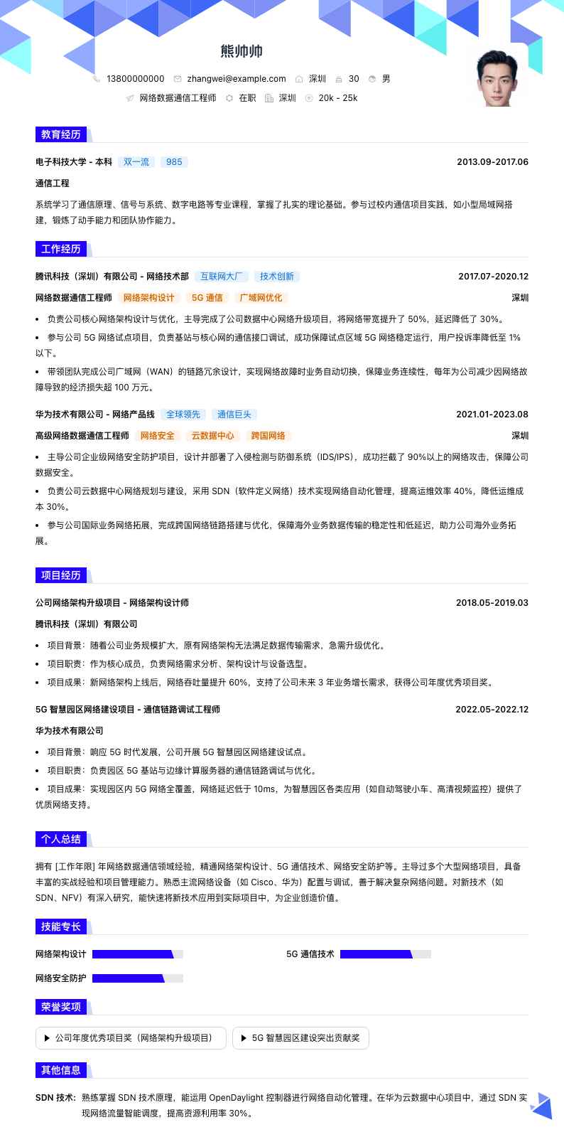 网络数据通信工程师简历模板
