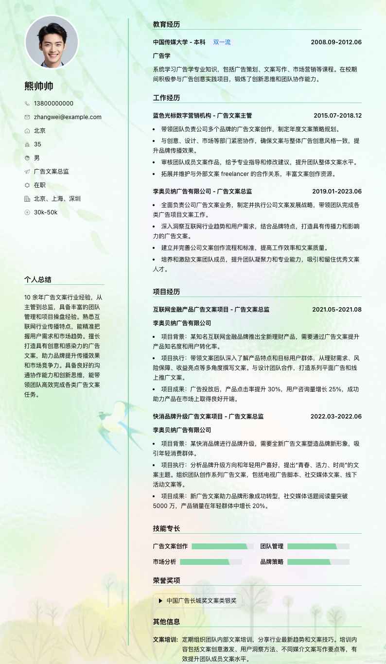 广告文案总监简历模板