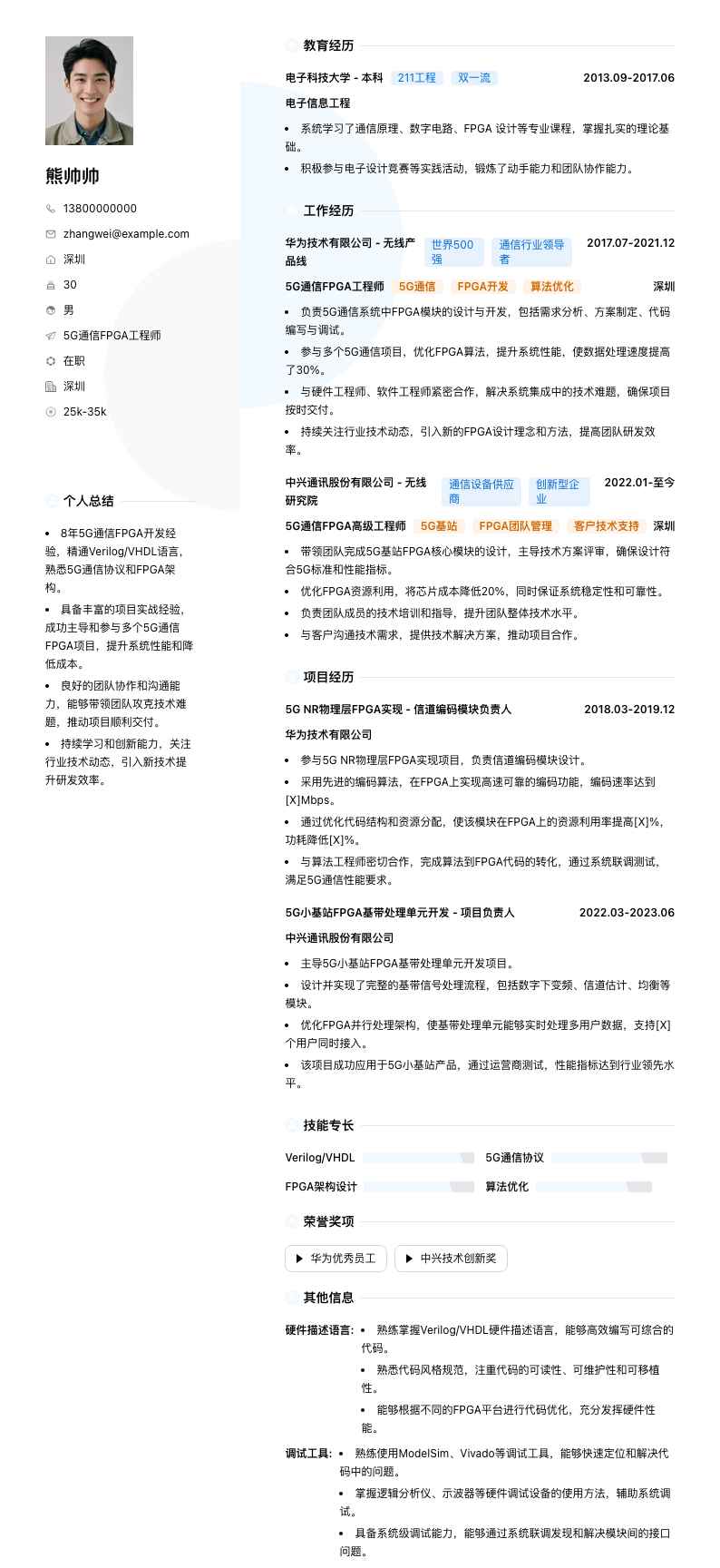 5G通信FPGA工程师简历模板