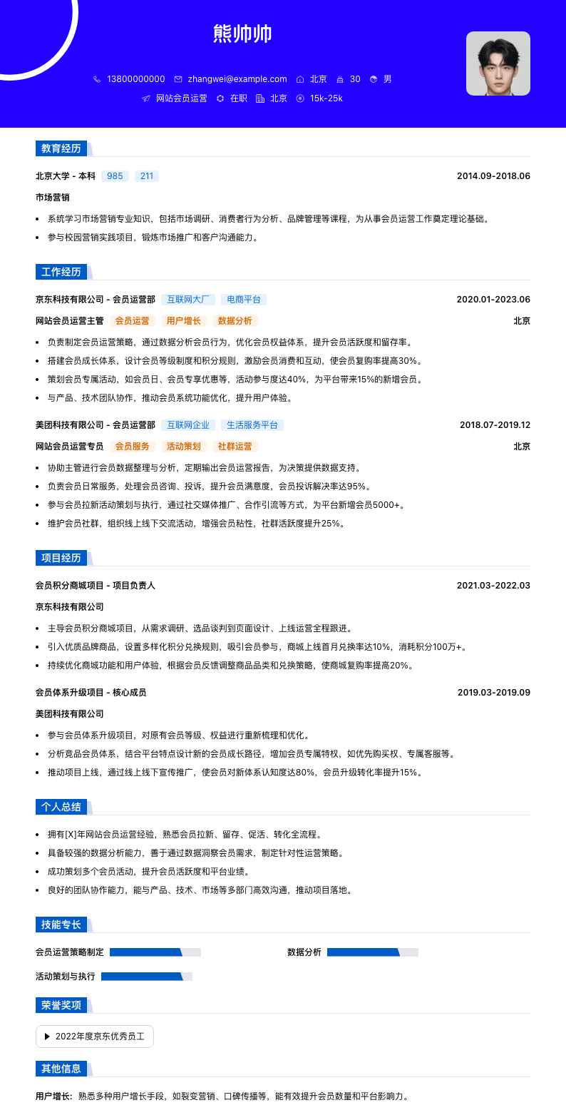网站会员运营简历模板