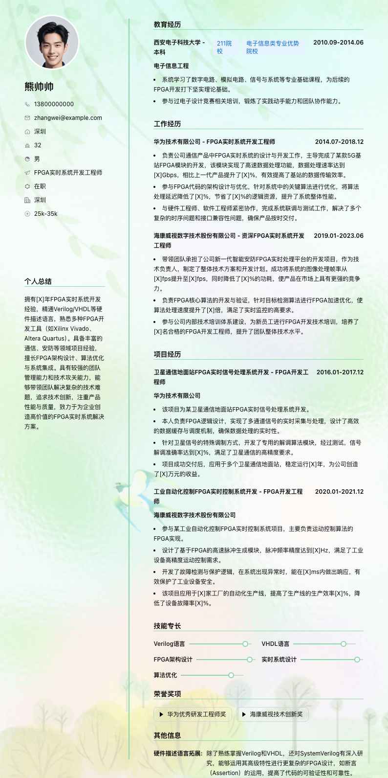 FPGA实时系统开发工程师简历模板