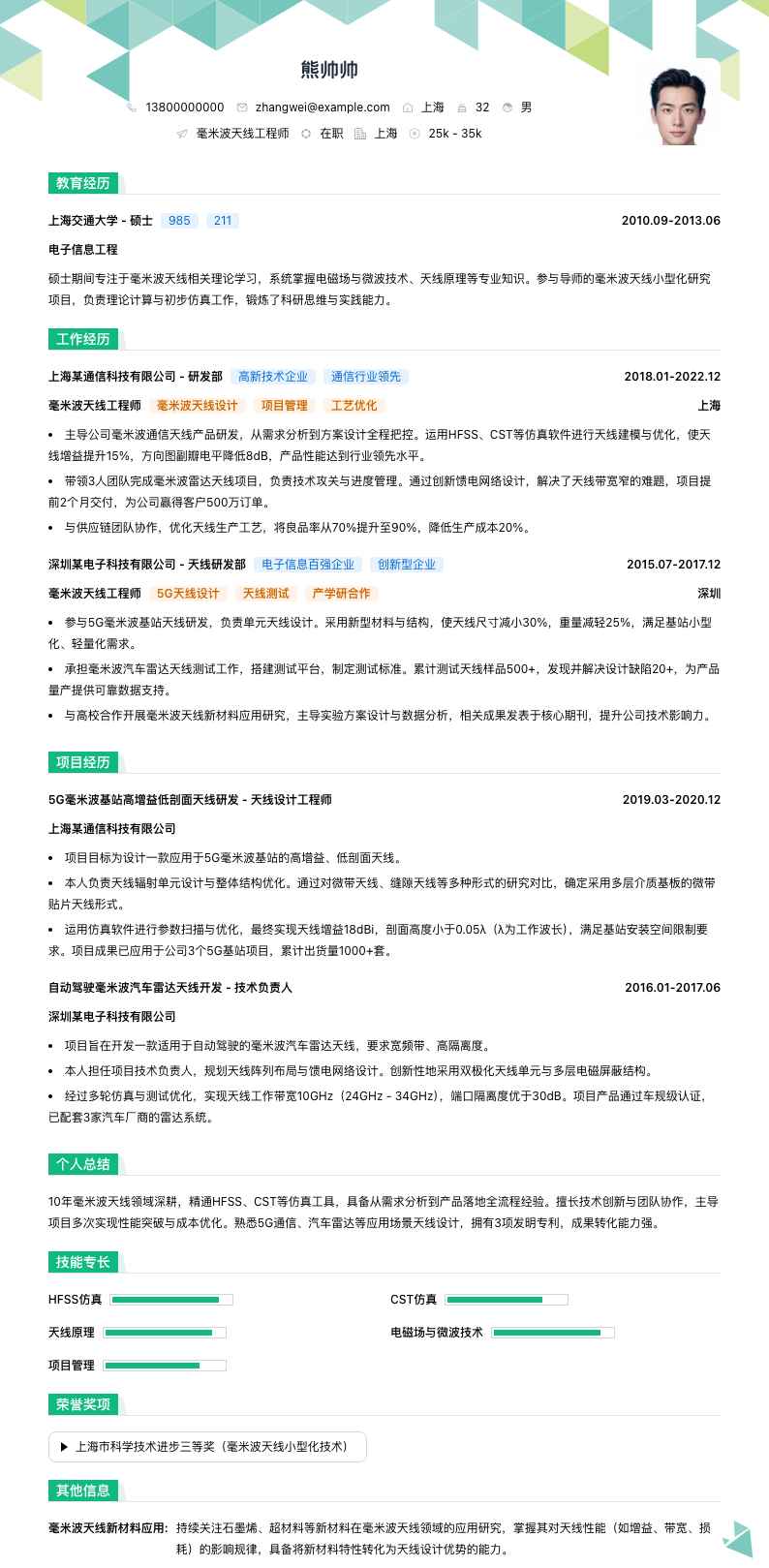 毫米波天线工程师简历模板