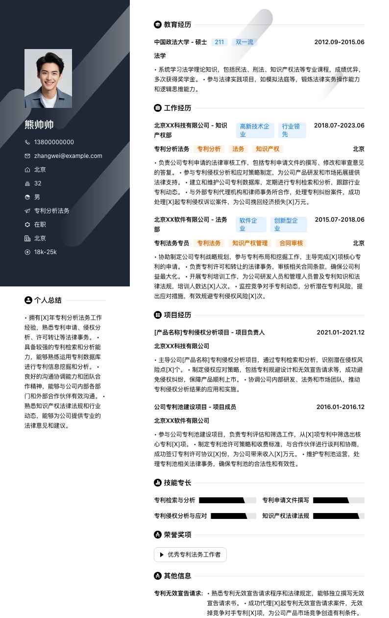 专利分析法务简历模板