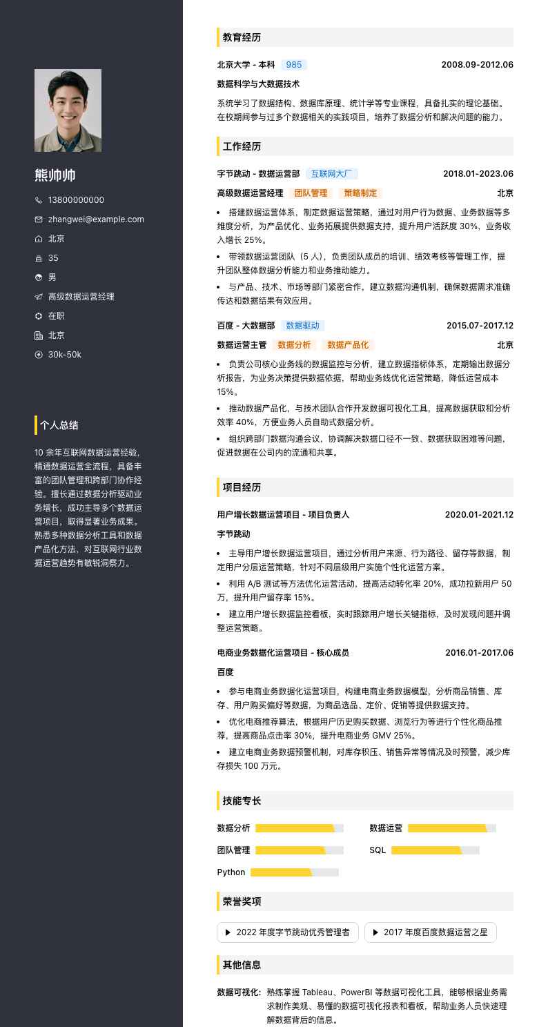 高级数据运营经理简历模板