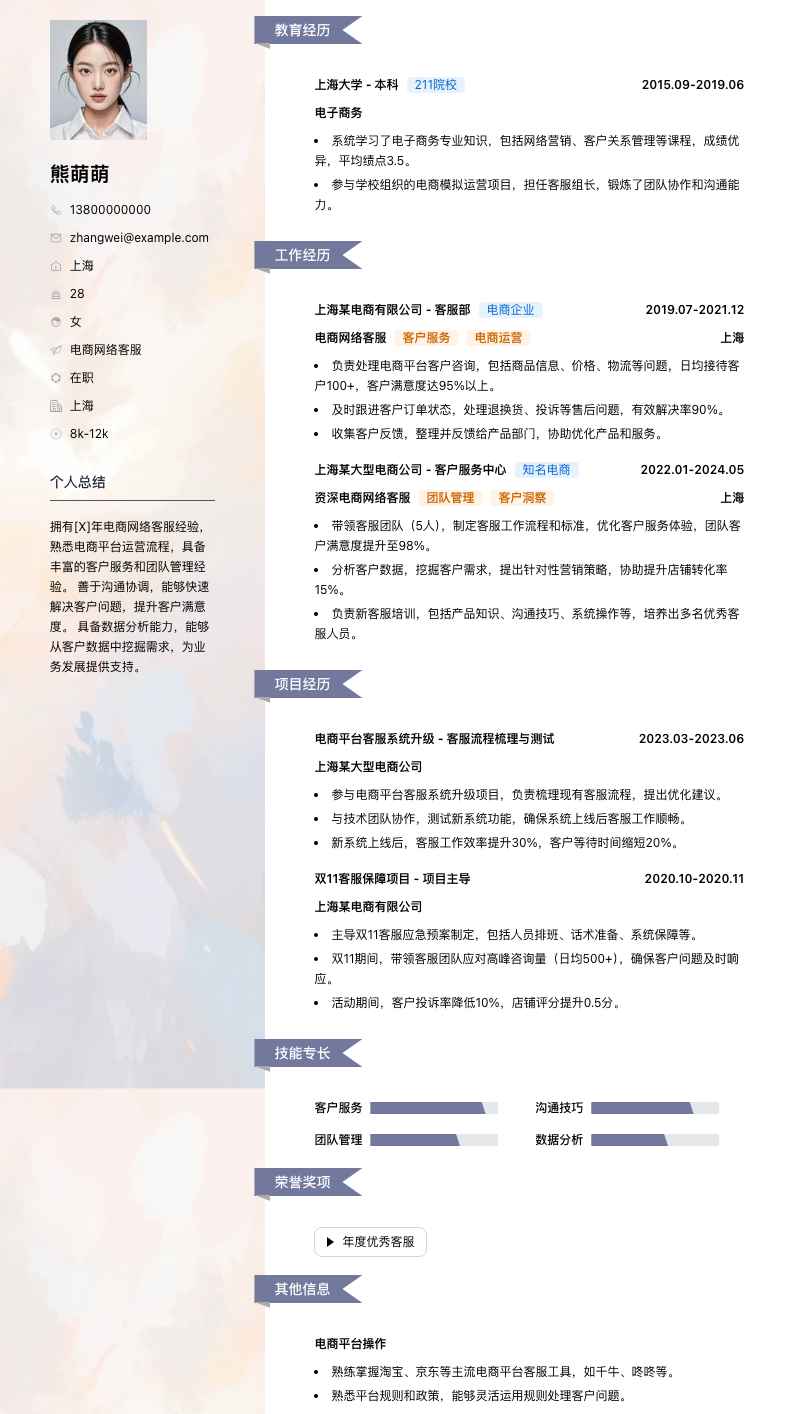 电商网络客服简历模板