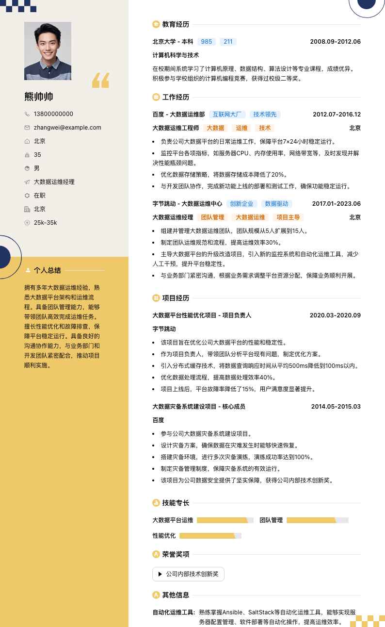 大数据运维经理简历模板