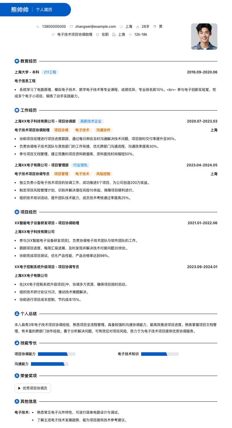 电子技术项目协调助理简历模板