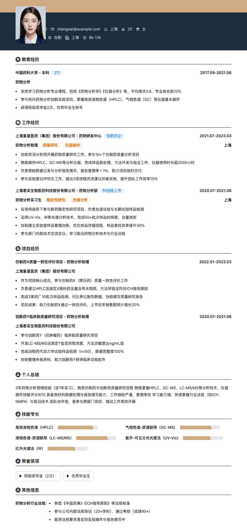 药物分析助理简历模板