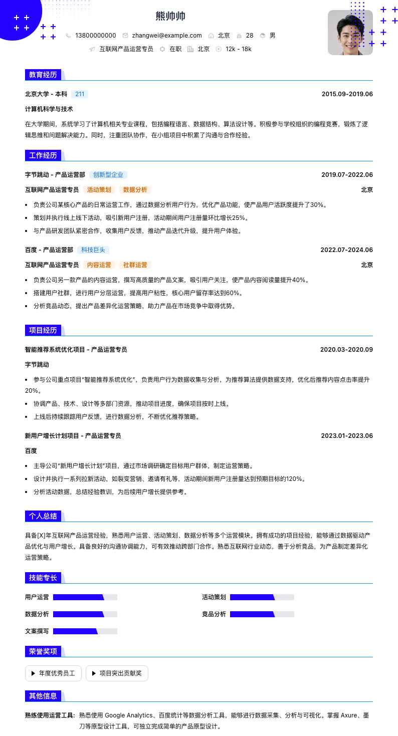 互联网产品运营专员简历模板