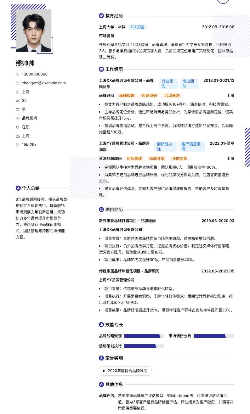 品牌顾问简历模板