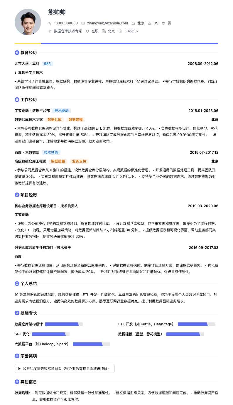 数据仓库技术专家简历模板