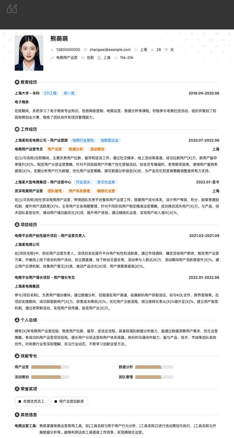 电商用户运营简历模板