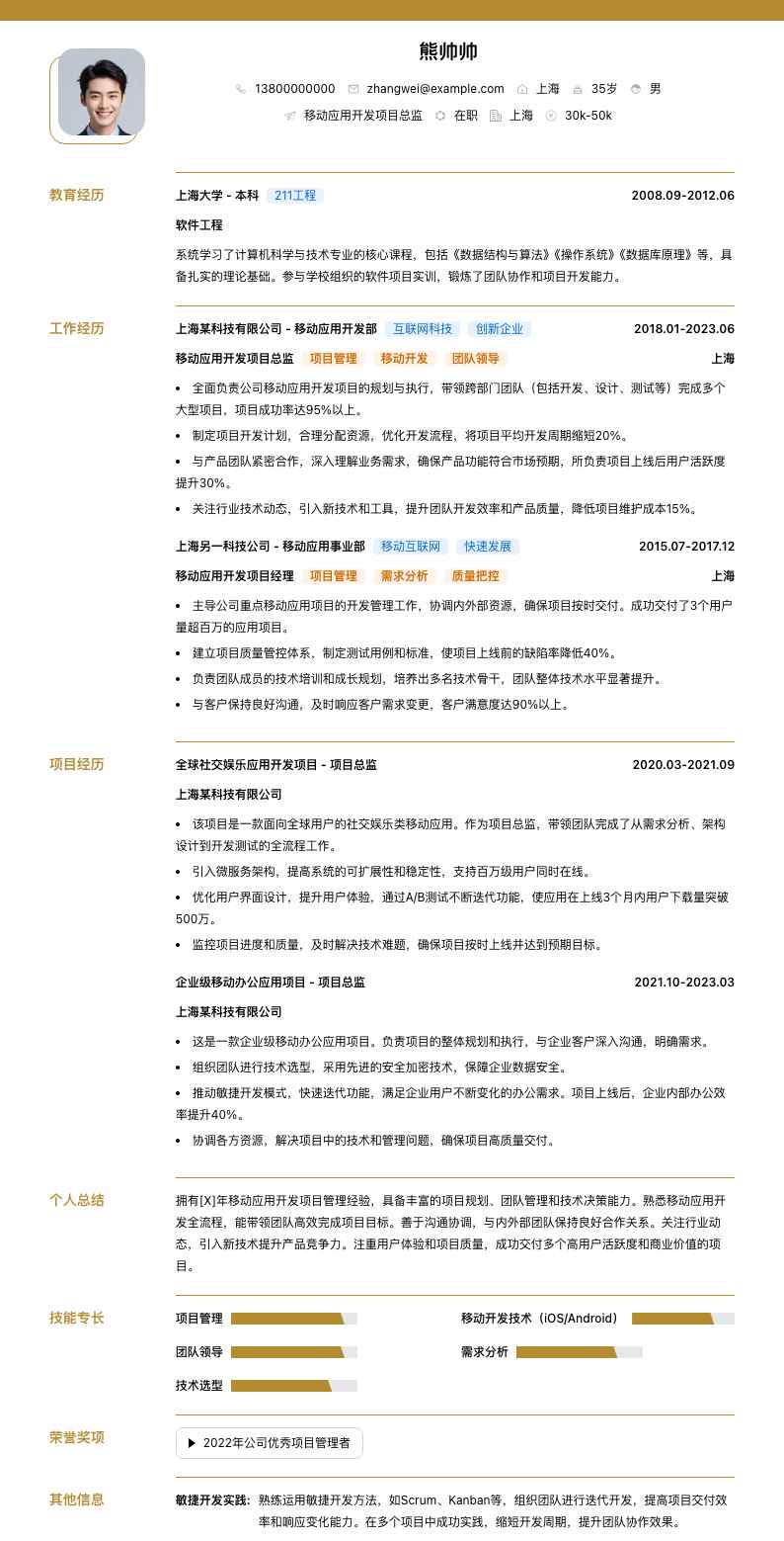 移动应用开发项目总监简历模板
