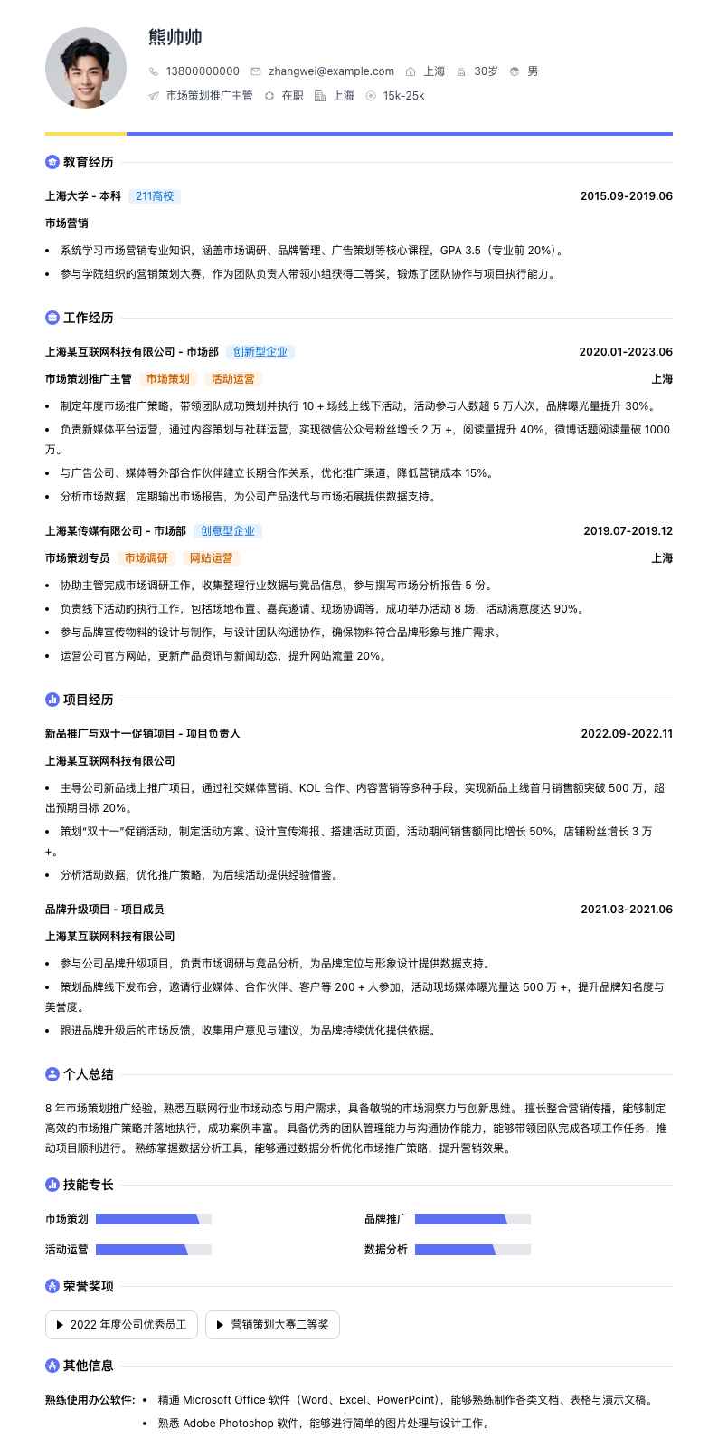 市场策划推广主管简历模板