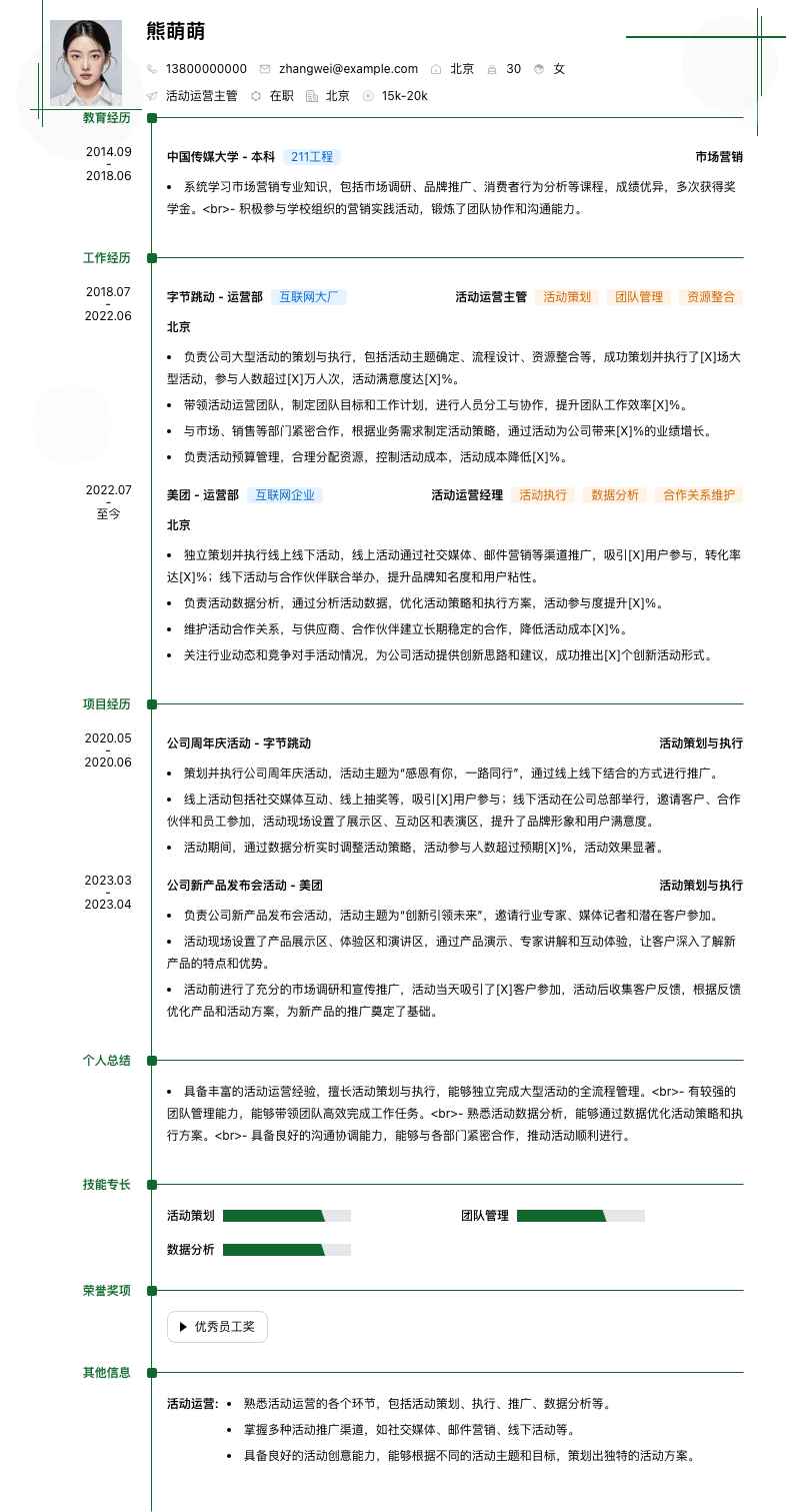 活动运营主管简历模板