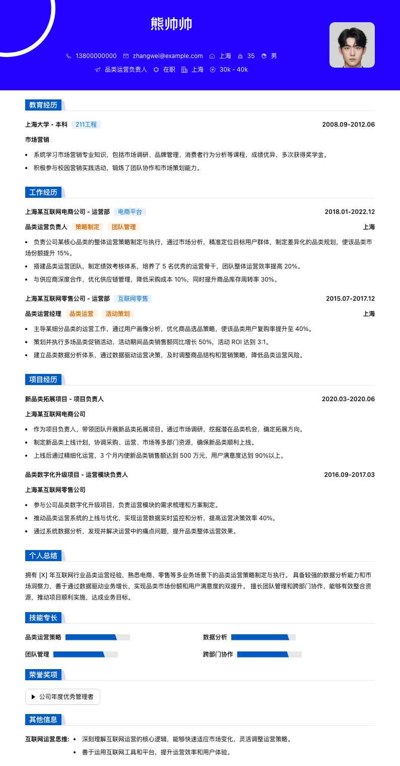 品类运营负责人简历模板