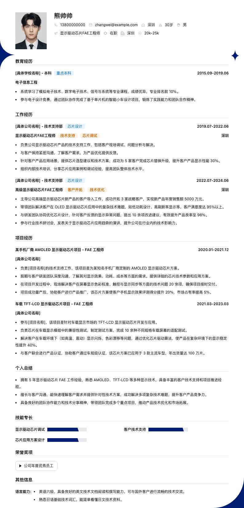 显示驱动芯片FAE工程师简历模板